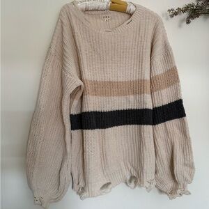 POL Oversized Distressed Stripe Knit Sweater Boho Cozy Large